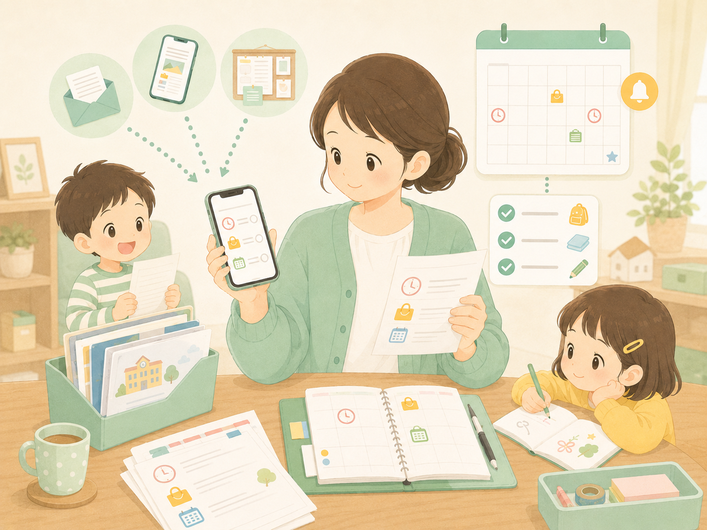 学校からのお知らせを見落とさないために、紙のおたよりやスマホ、カレンダーを確認する親子のイラスト