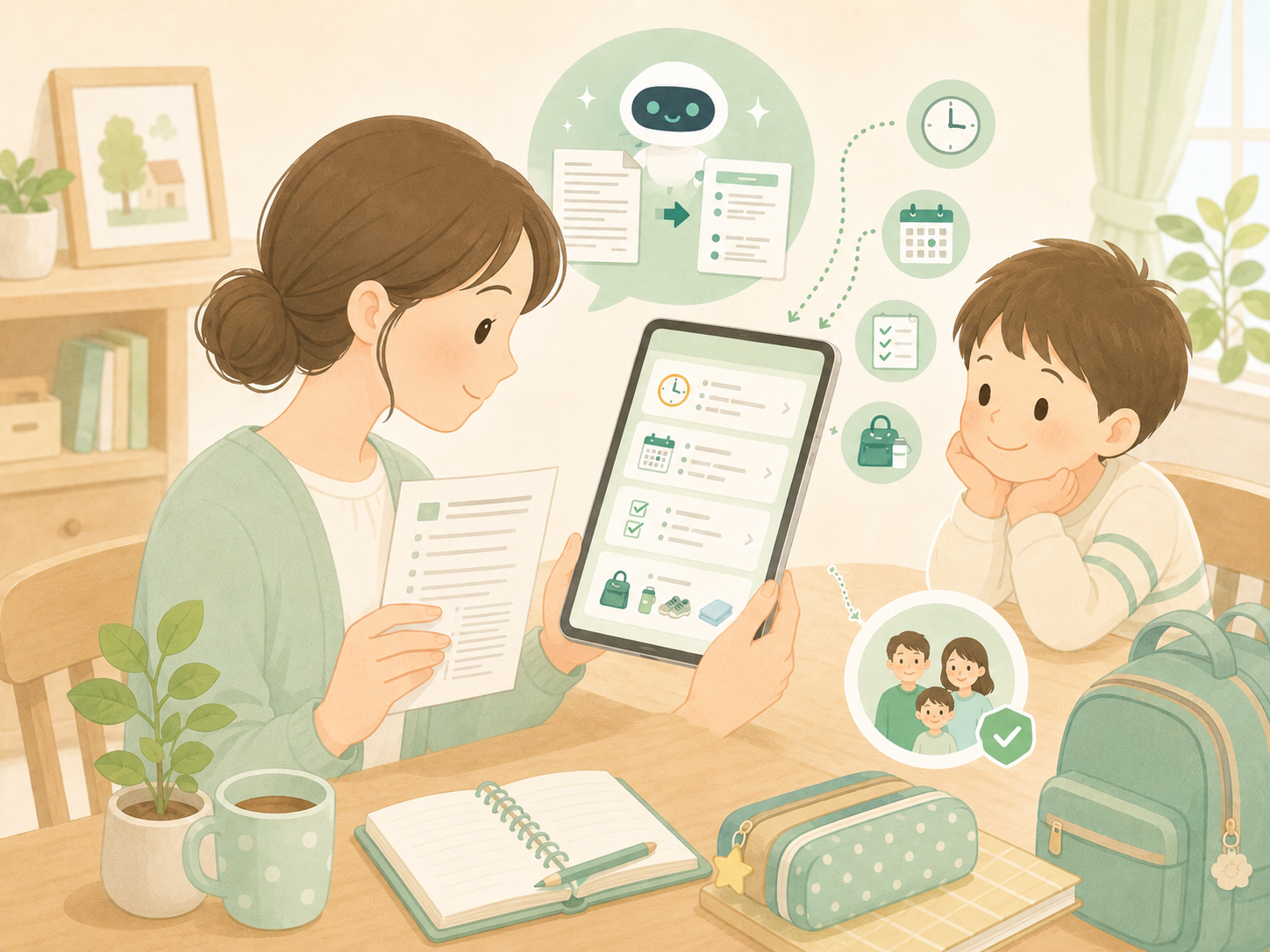 AIで整理した学校のおたよりの内容を保護者が確認しているイラスト