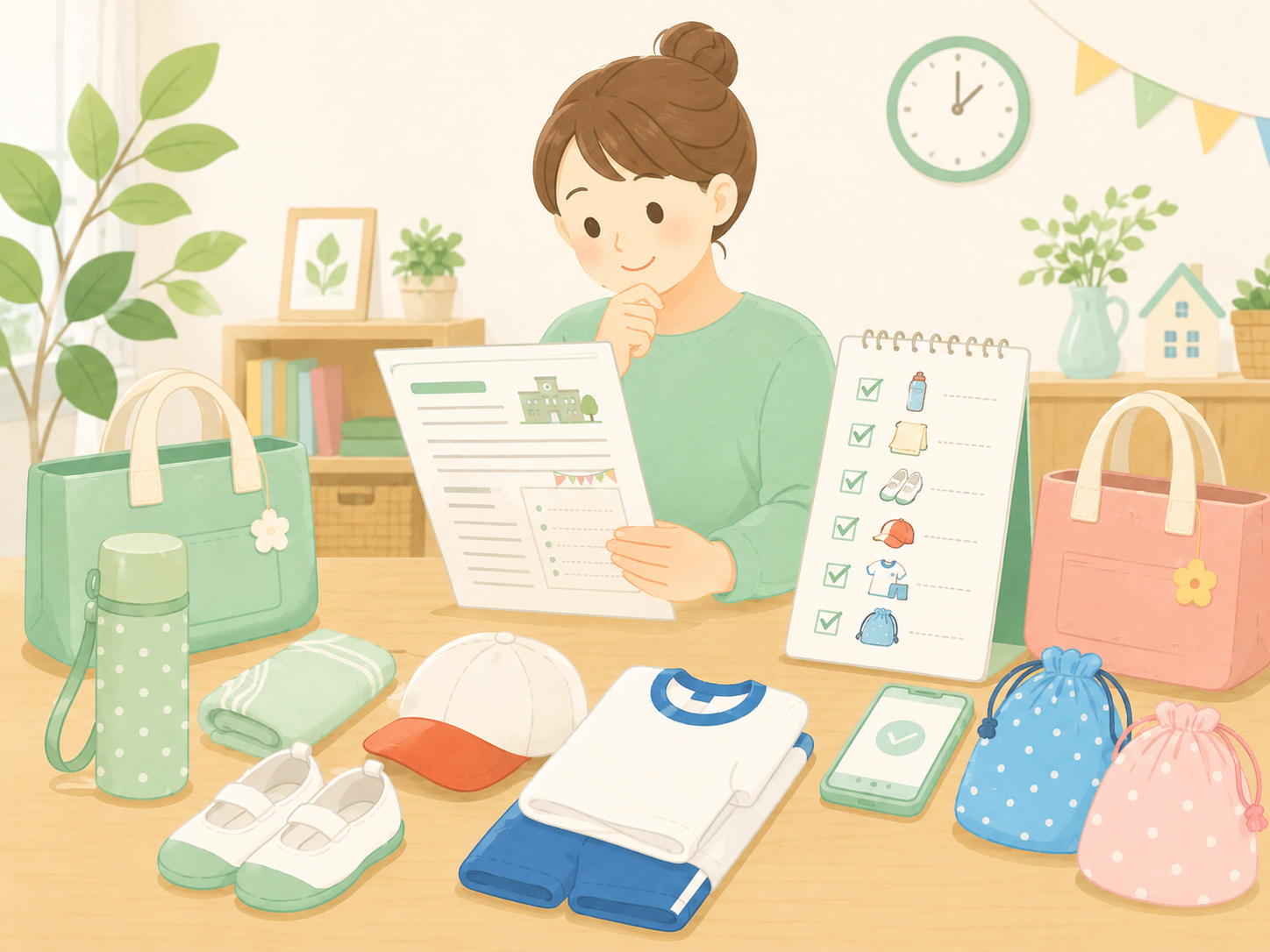 学校のおたよりを見ながら持ち物リストを確認している保護者のイラスト
