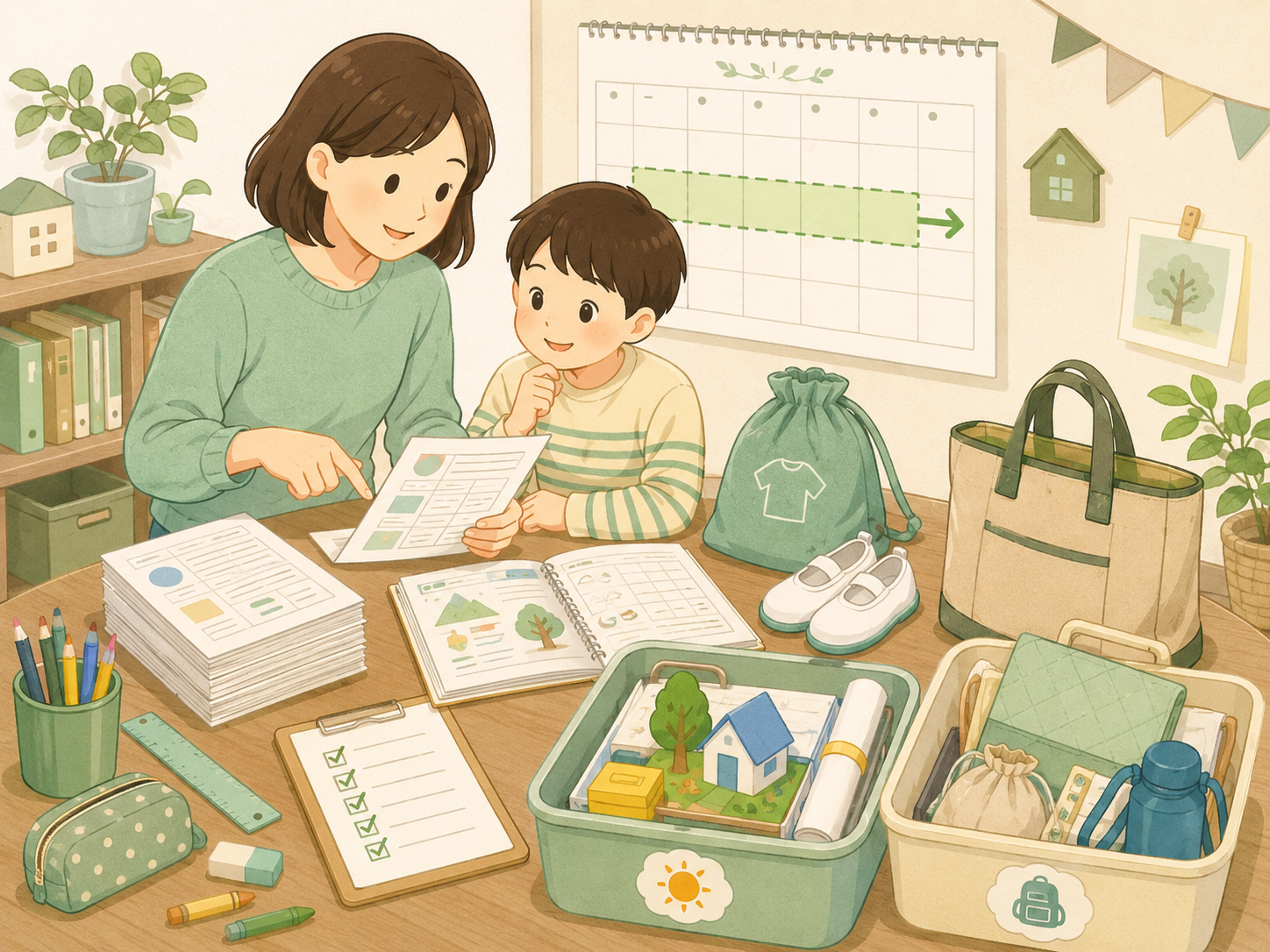 長期休み前におたよりと宿題、持ち物を確認しているイメージ