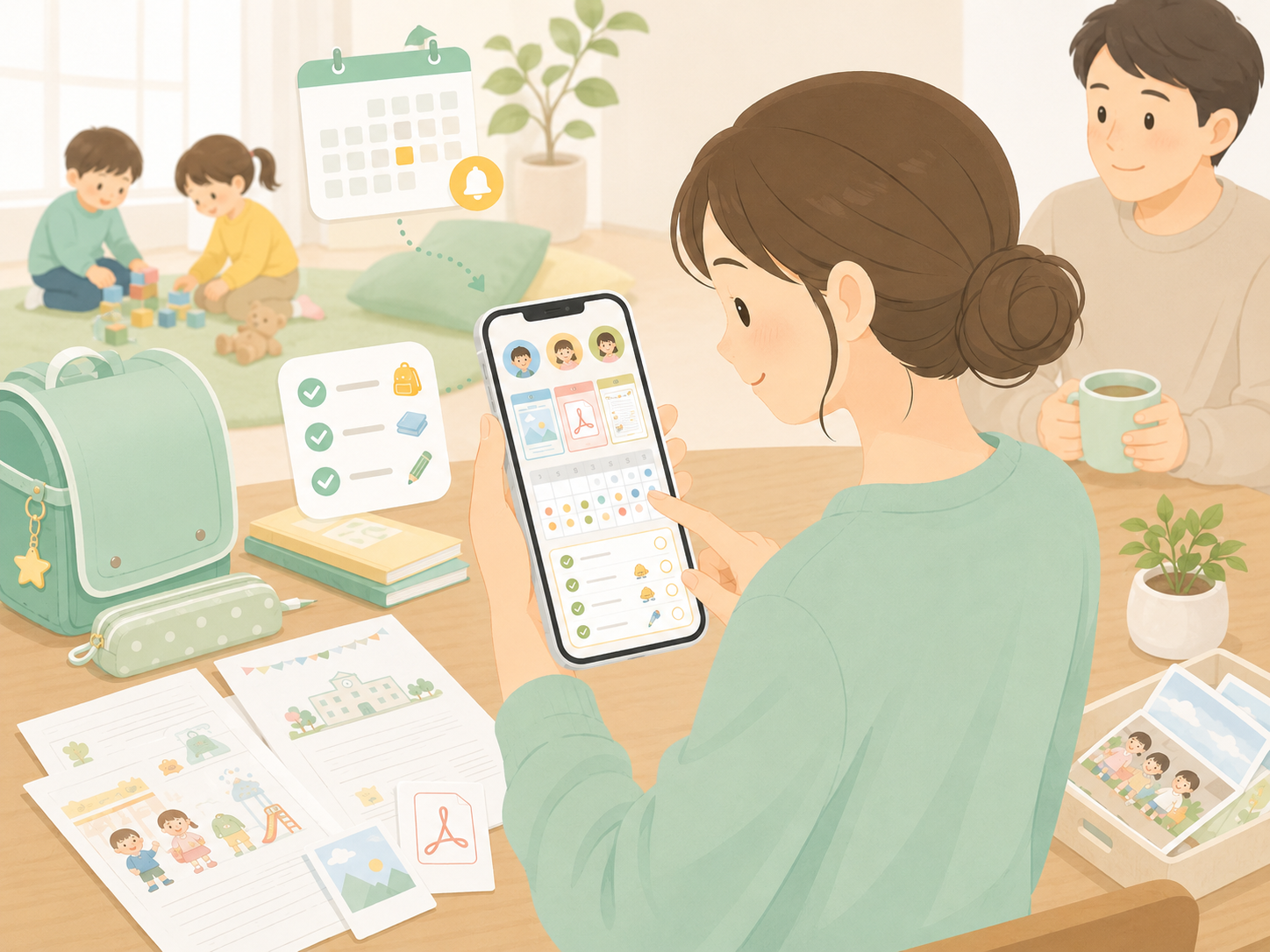 プリント管理アプリを選ぶために紙とPDFと予定を確認しているイラスト