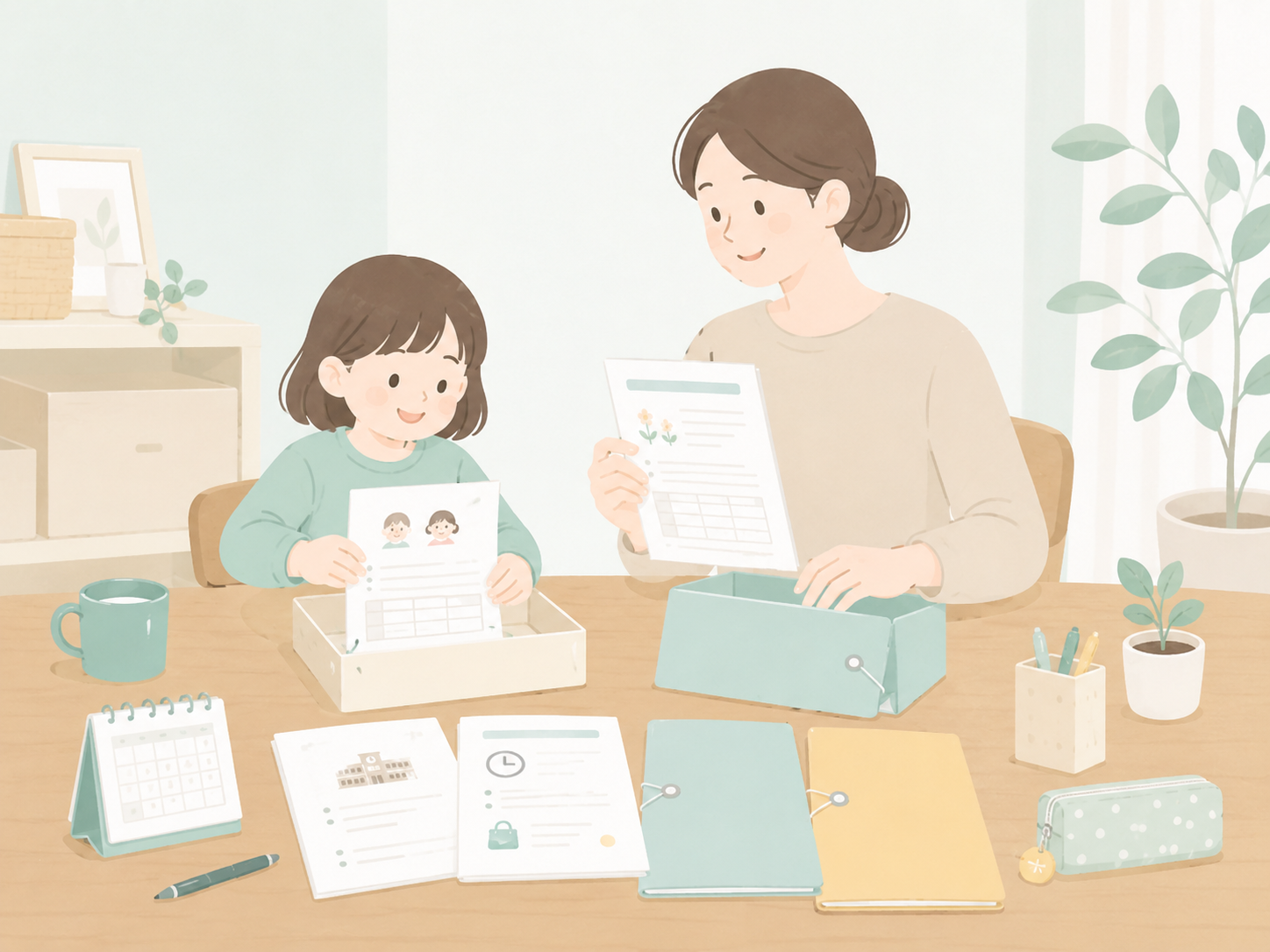 学校のおたよりを紙とスマホで整理しているイメージ