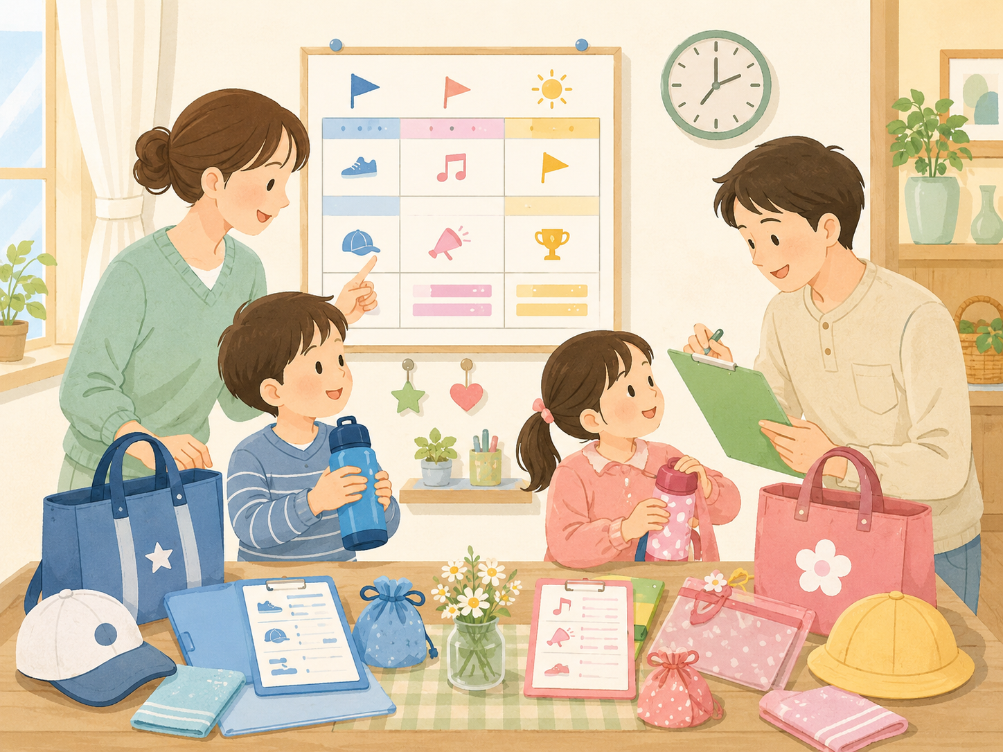 兄弟姉妹の学校行事予定と持ち物を家族で整理しているイメージ