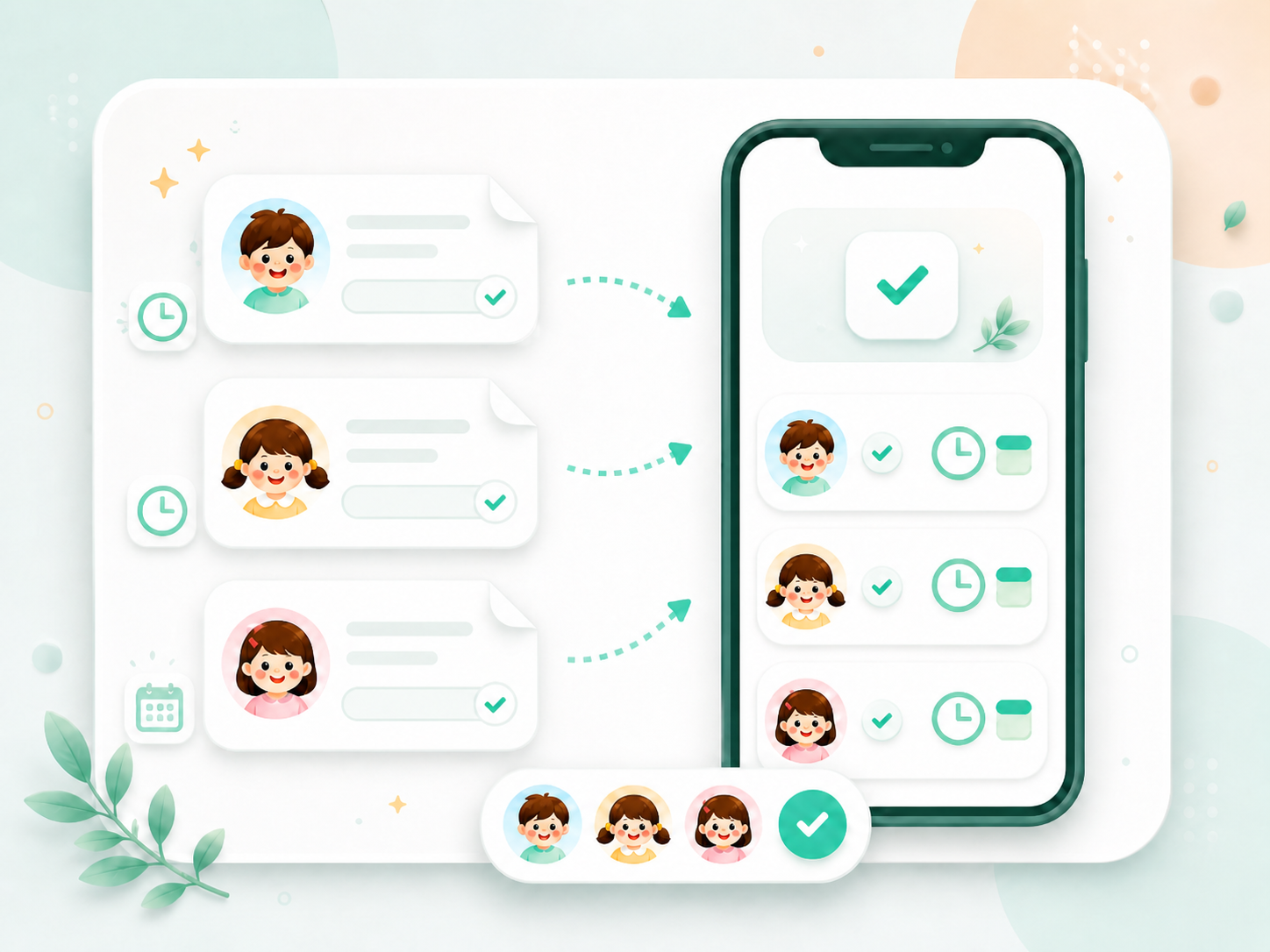 子どもが複数いる家庭のおたよりを子ども別に整理してスマホで確認するイラスト