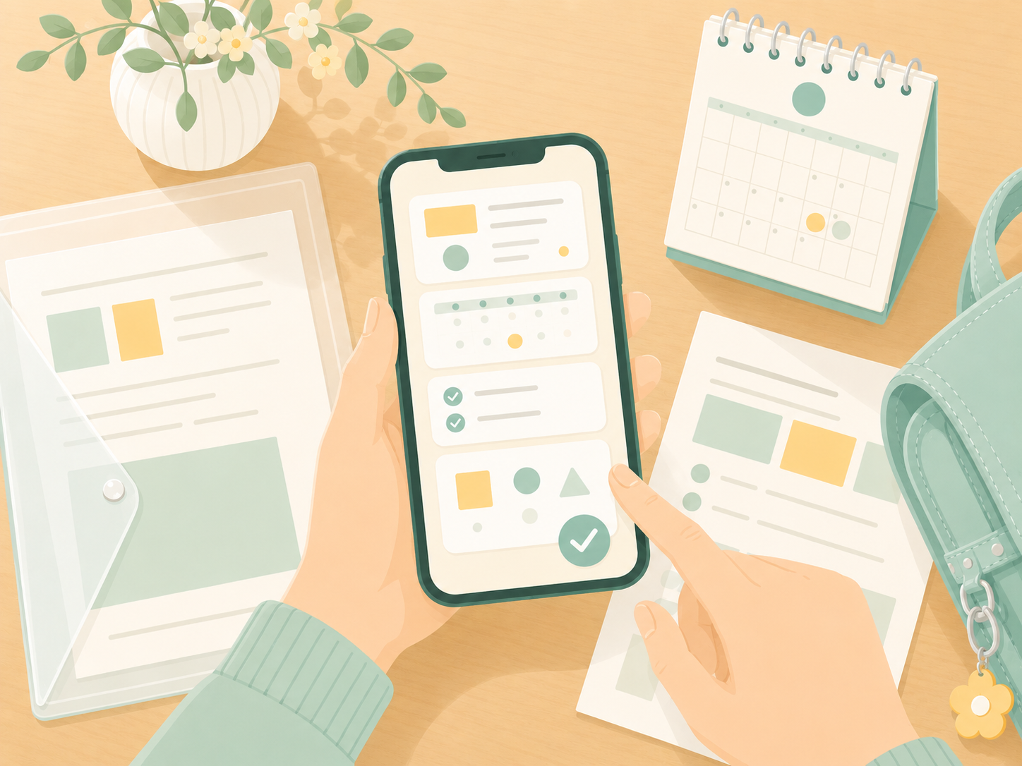 スマホで学校のおたよりや予定を整理している保護者のイラスト