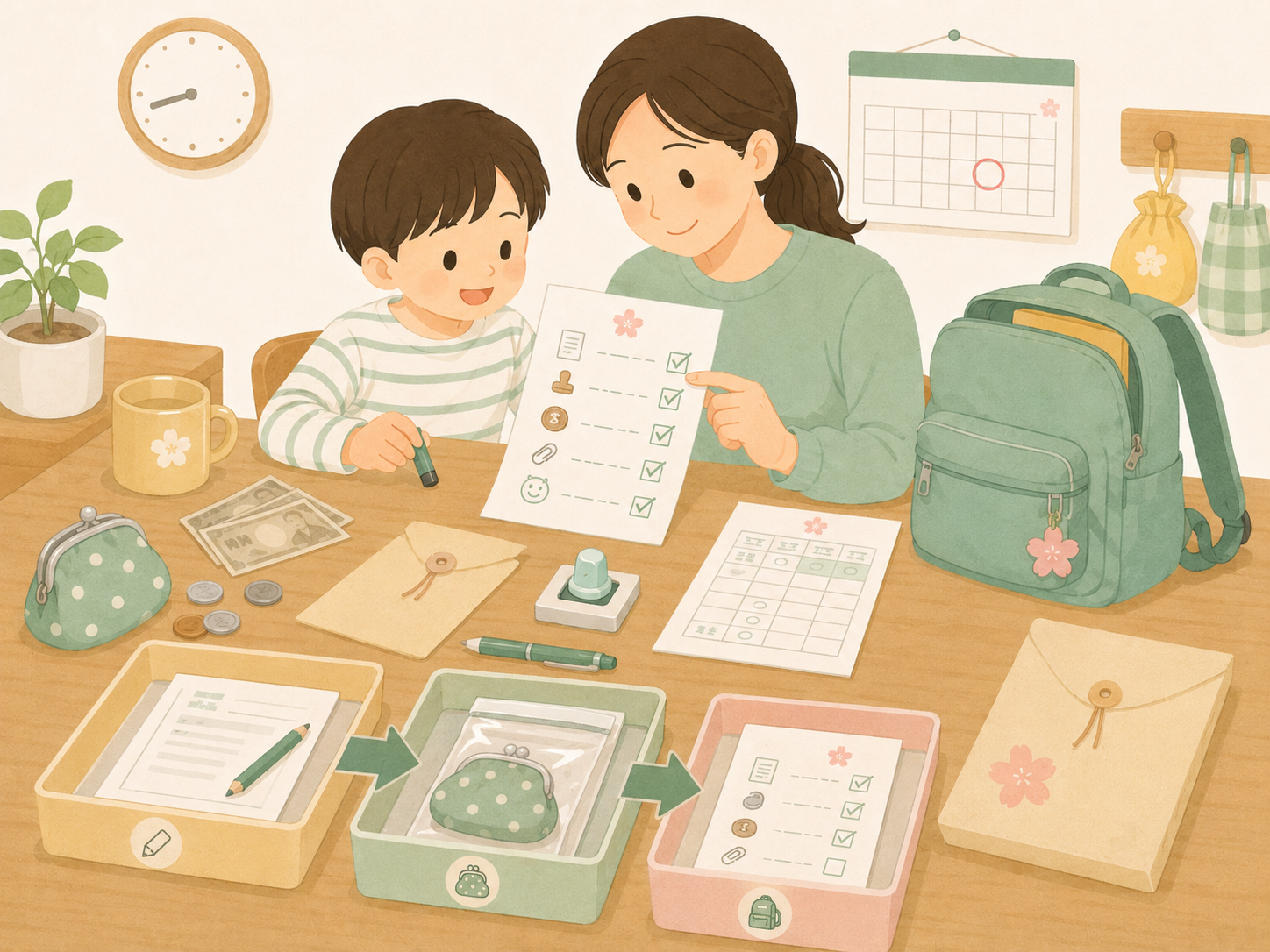 学校の集金袋や提出書類をチェックリストで確認しているイメージ