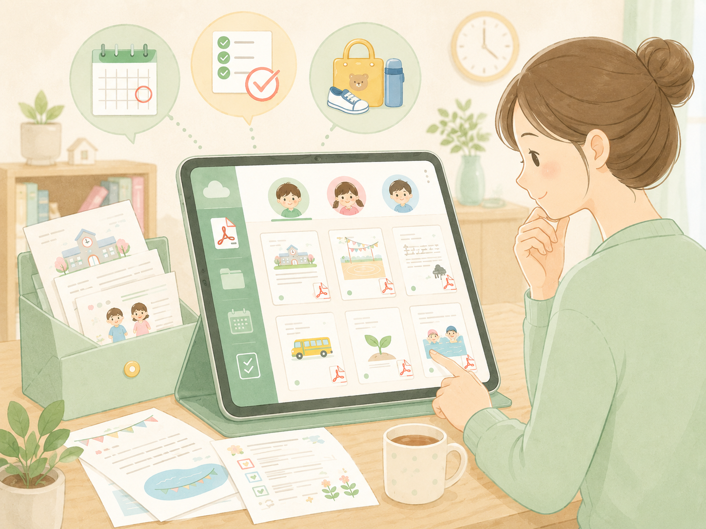 PDFで届く学校のおたよりをスマホで整理する保護者のイラスト