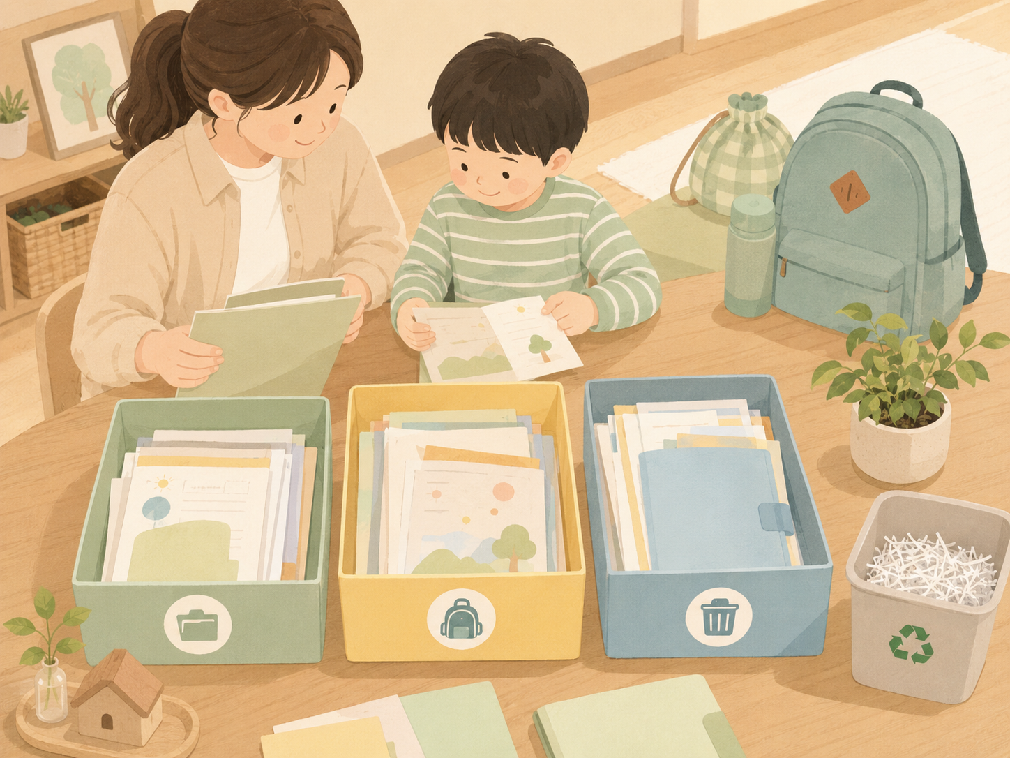 学期末におたよりやプリントを整理しているイメージ