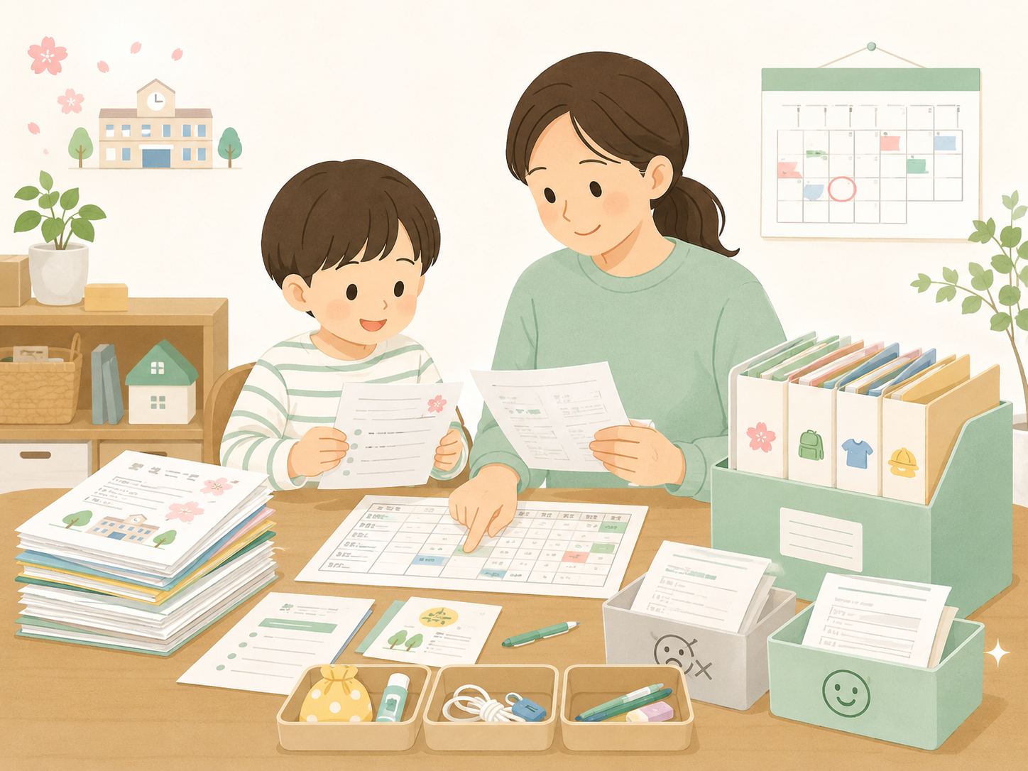 新年度のおたよりや年間予定を親子で整理しているイメージ