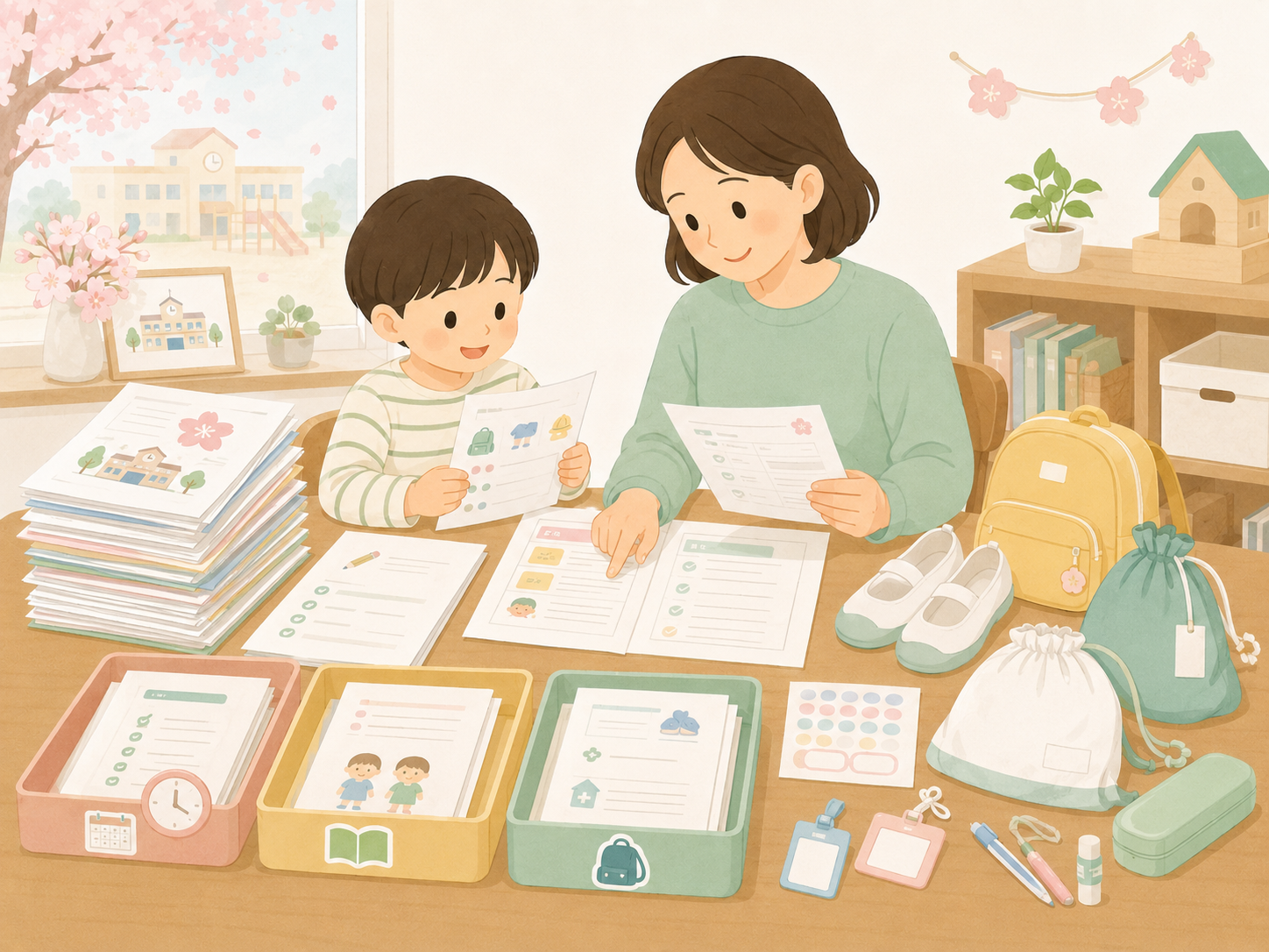入学や入園直後に届いたプリントや持ち物リストを親子で整理しているイメージ