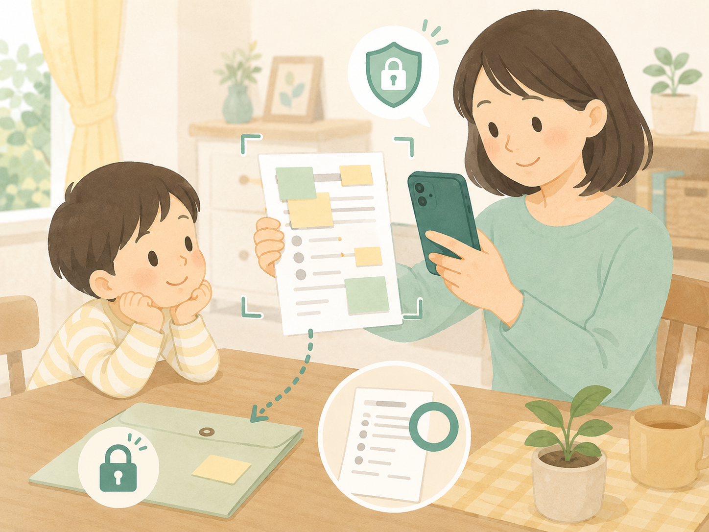 スマホで撮影したおたよりの個人情報に注意して整理しているイメージ