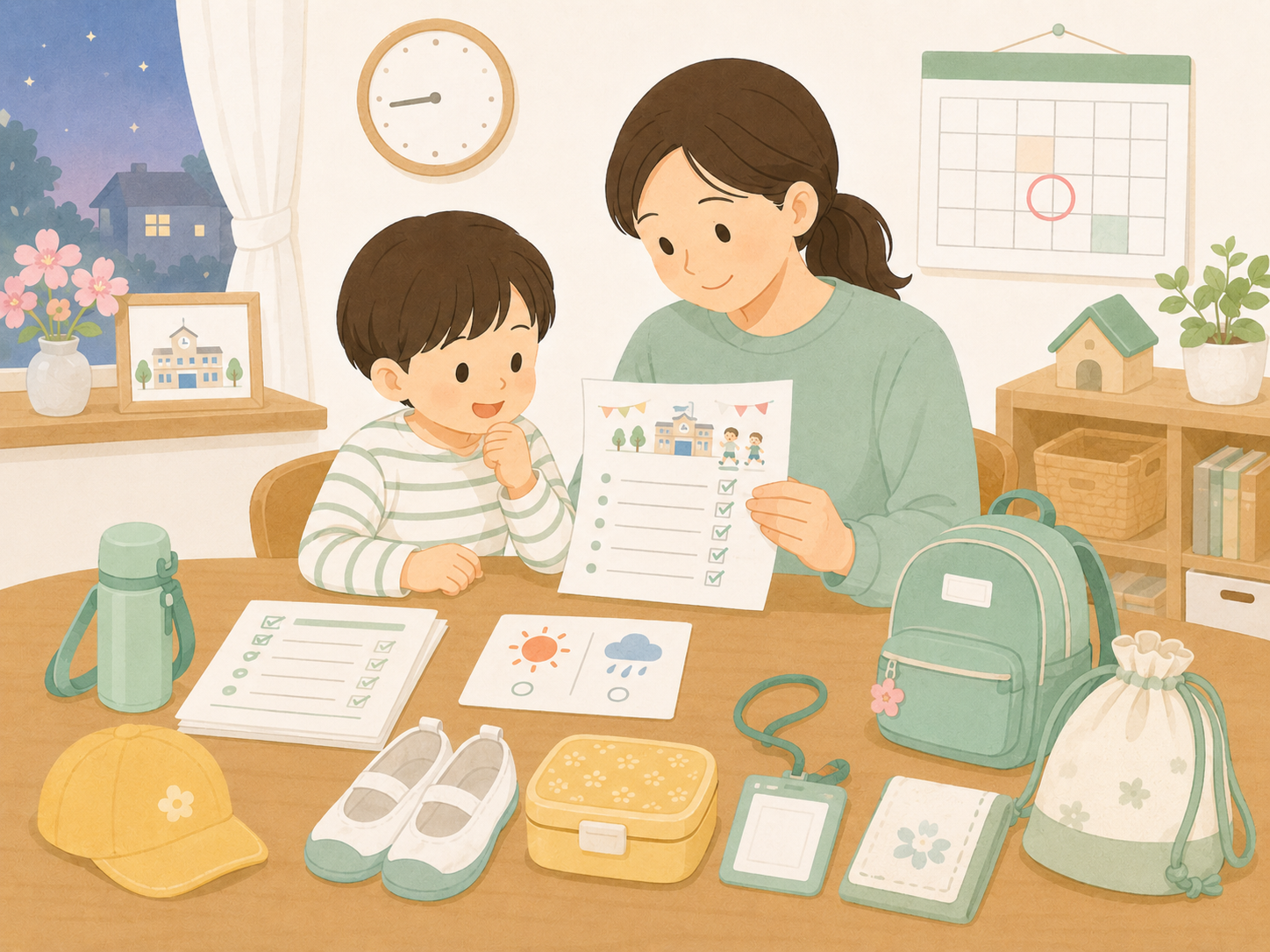 学校行事前におたよりと持ち物を確認している親子のイメージ