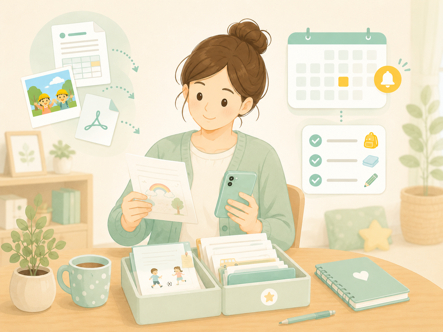 学校のおたよりを保管期間ごとに分けて整理しているイメージ