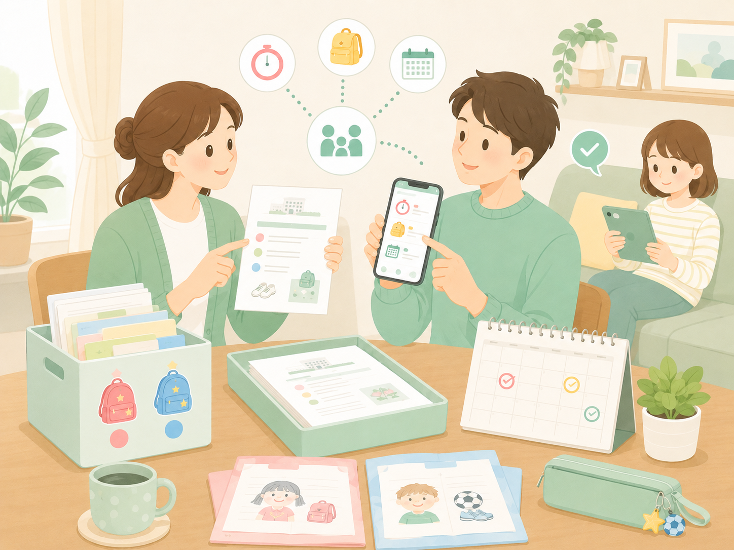 家族で学校のおたよりを確認し、スマホやカレンダーで予定や持ち物を共有しているイラスト