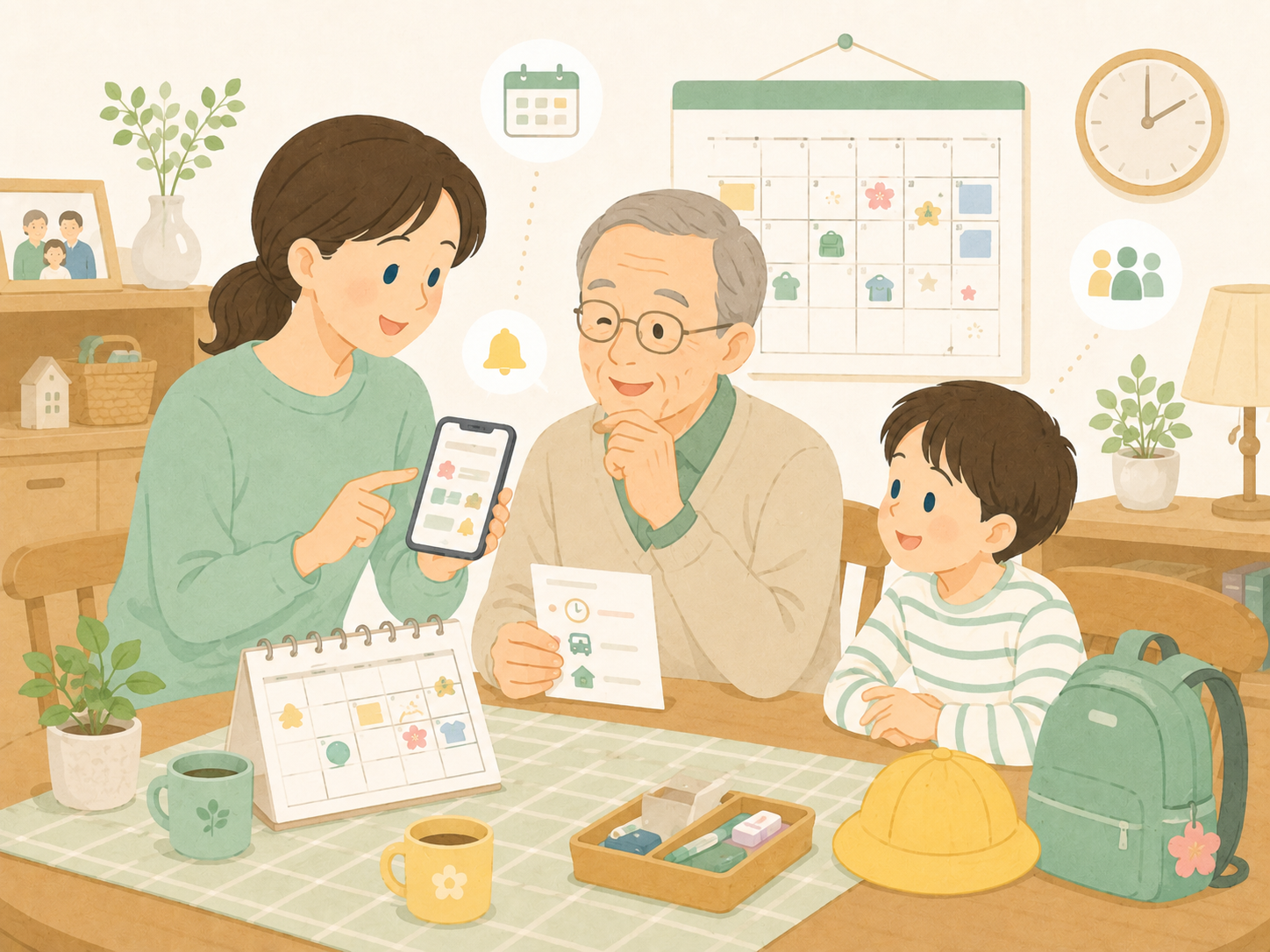 祖父母や家族に学校予定を共有しているイメージ