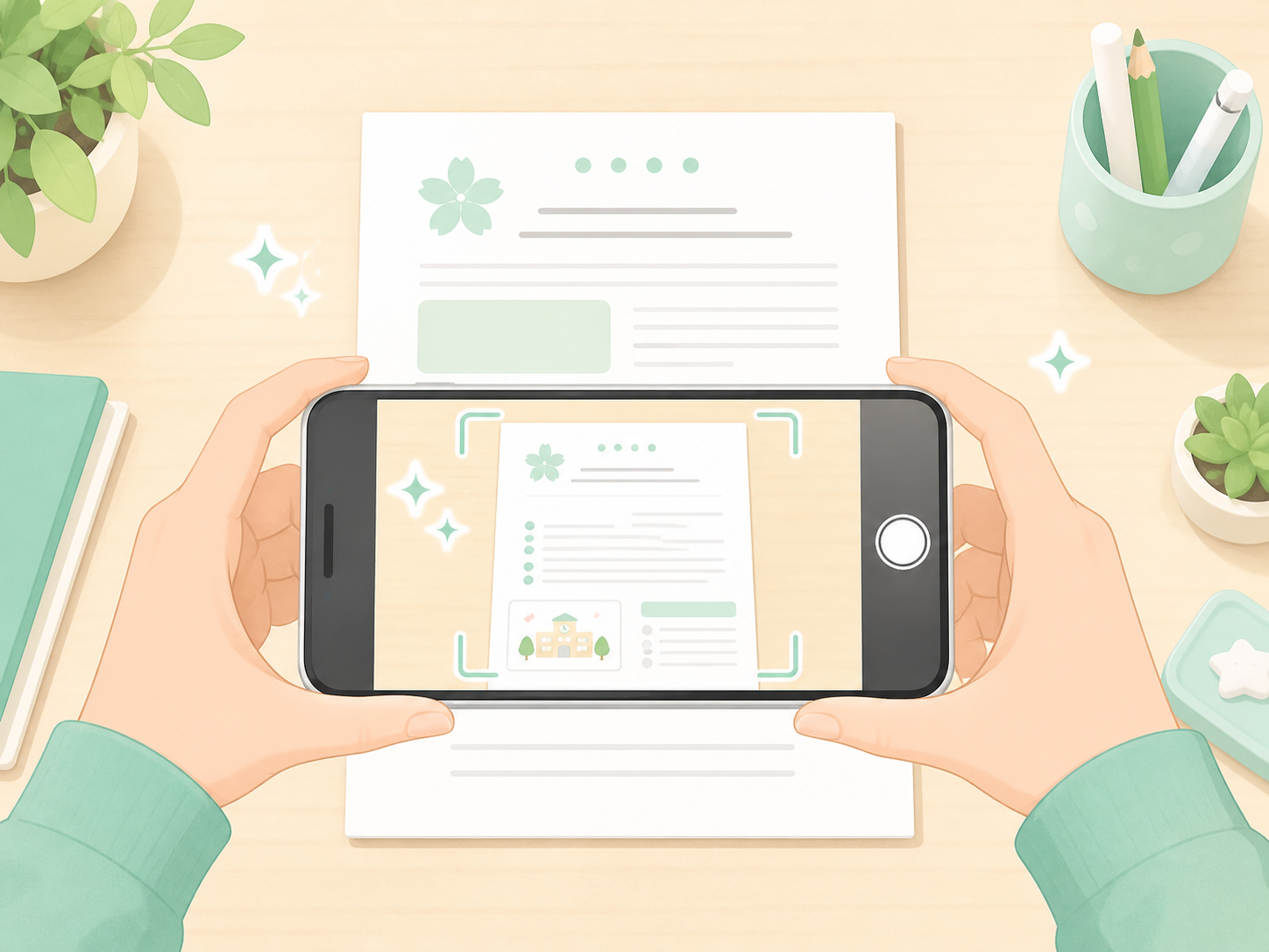 学校のおたよりをスマホで見やすく撮影しているイメージ